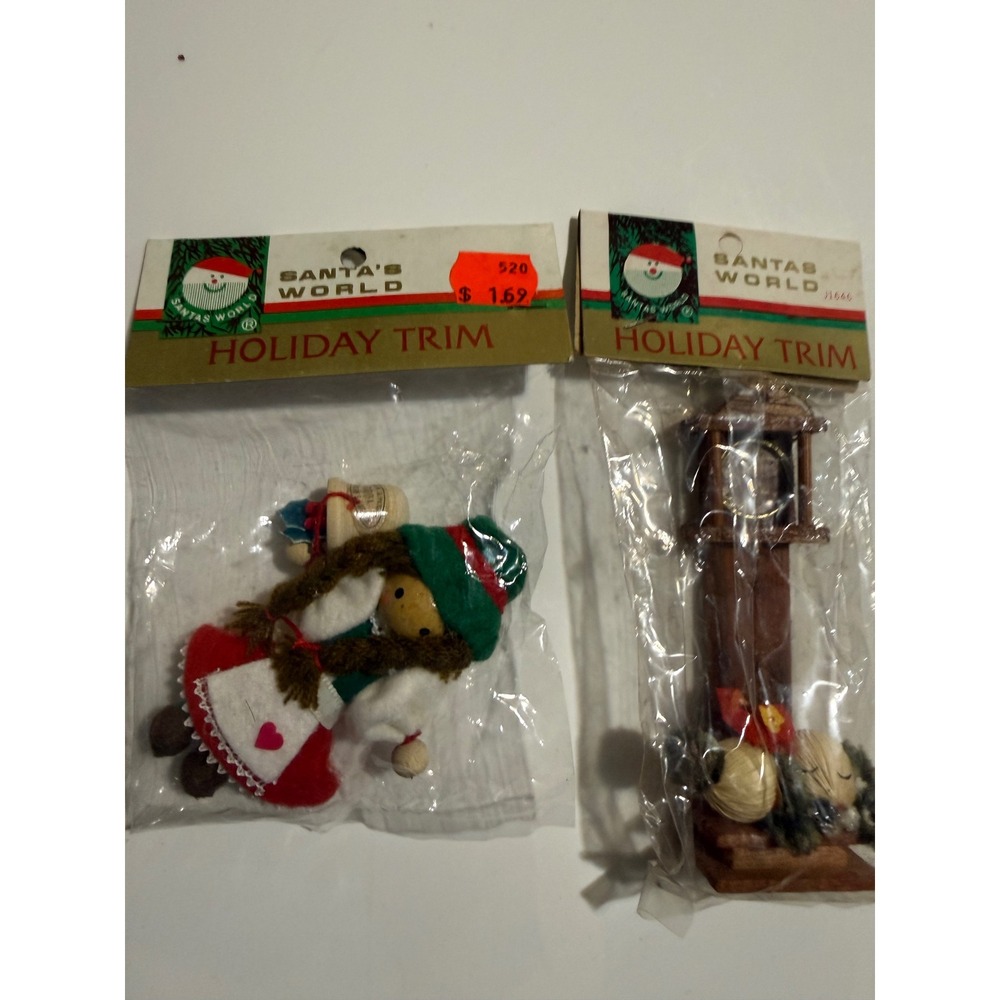 Santas World Holiday Trim Vintage Christmas Ornaments Wood Doll & Clock J1646
